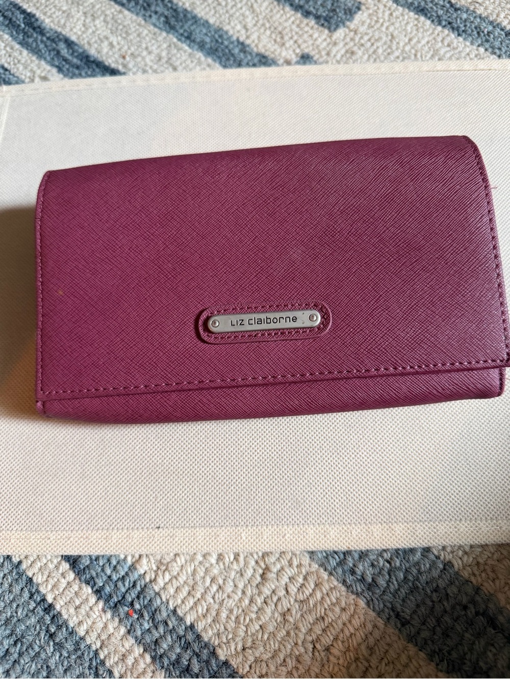 Liz Claiborne Plum Saffiano Flip Wallet with Silver Logo Plaque